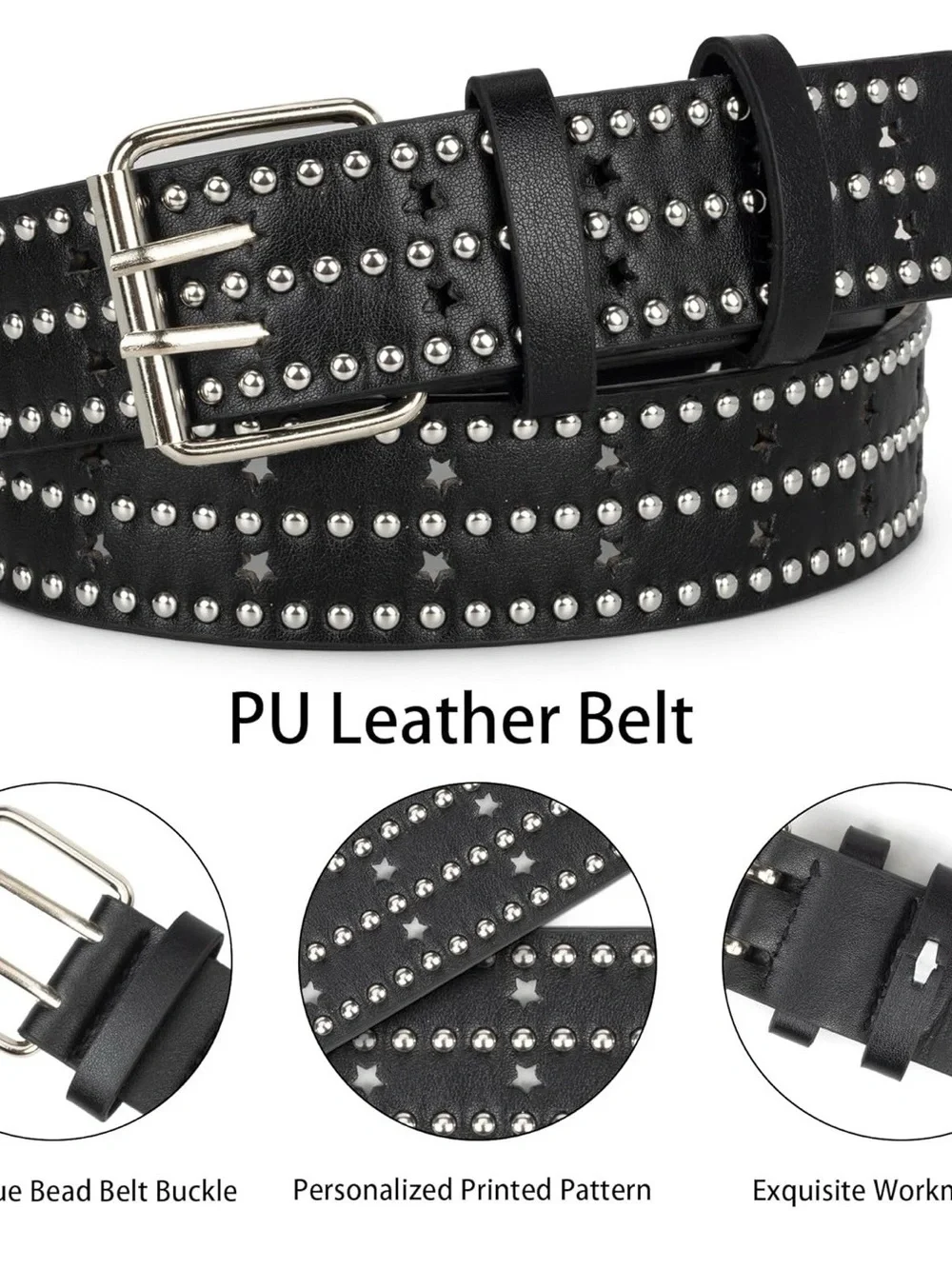 Black Studded Star Cutout Belt PU Leather Silver Rivets Punk Rock Y2K Unisex 45”